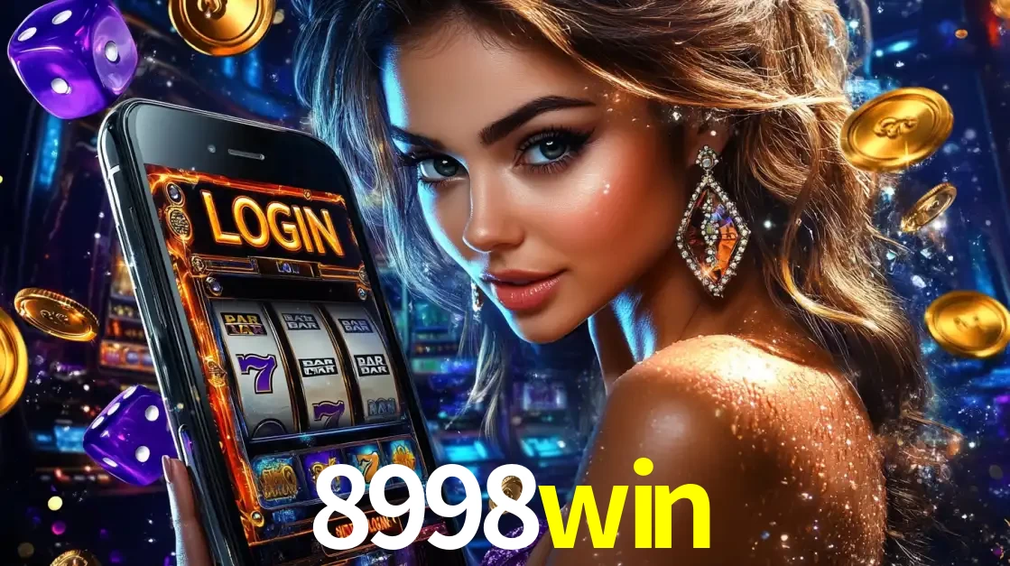 Mulher glamorosa segurando um smartphone com a tela de login para os jogos de caça-níqueis do cassino online 8998win, com moedas de ouro e dados ao redor.