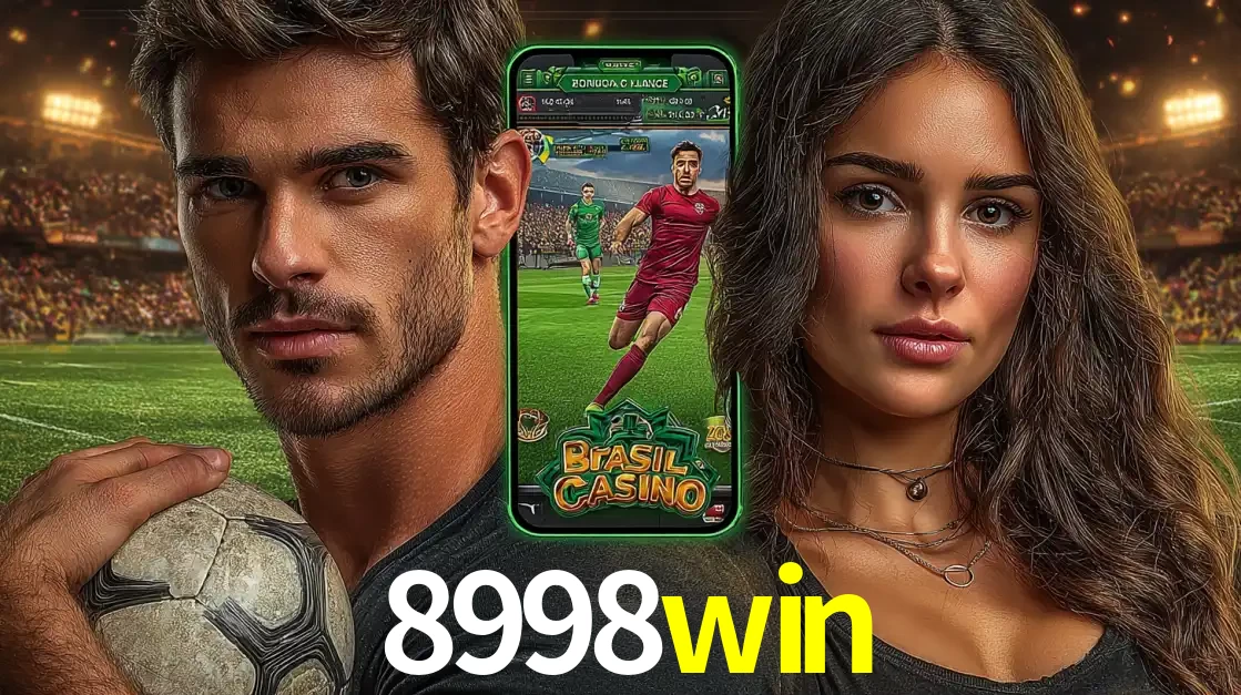 Homem segurando uma bola de futebol e uma mulher ao lado de um smartphone exibindo o jogo de apostas esportivas da 8998win. Faça seu palpite no cassino online.